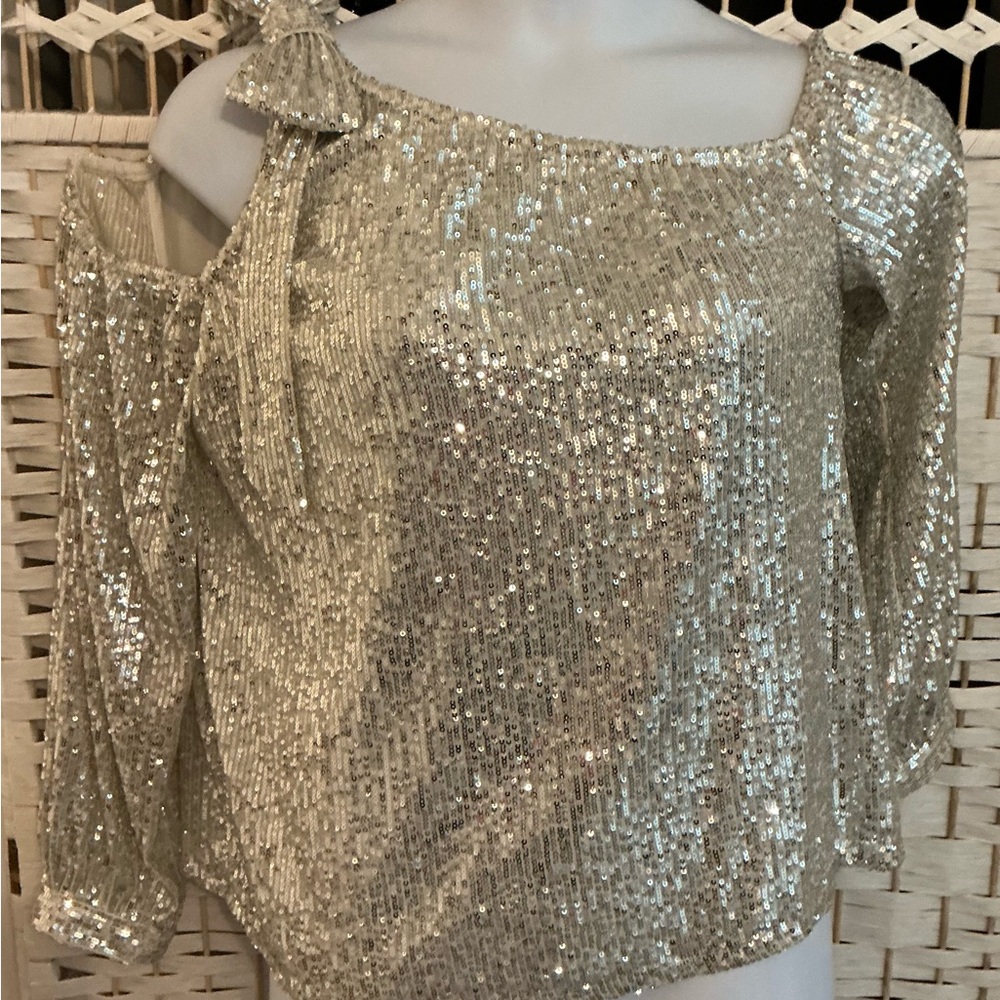 Silver Sequin Cold-Shoulder Blouse